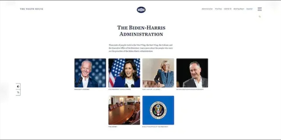 Thông tin “Chính quyền Biden-Harris trên website chính thức của Nhà Trắng. Ảnh: Whitehouse.gov.