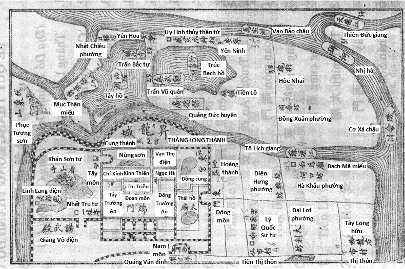 “Bản đồ thành Thăng Long cuối thời Lê” do Sở Cuồng Lê Dư vẽ có chỉ ra vị trí của đền Uy Linh Lang ở phía Bắc hồ Trúc Bạch. Ảnh: Minh Thi