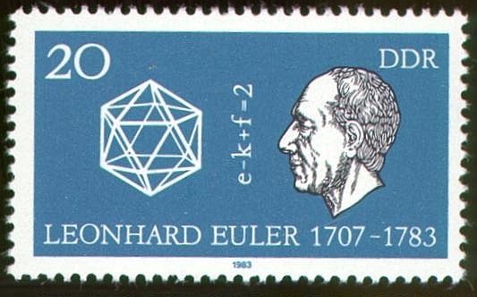 Hình của Euler và khối nhị thập diện đều được in trên con tem của Đức. Ảnh tư liệu