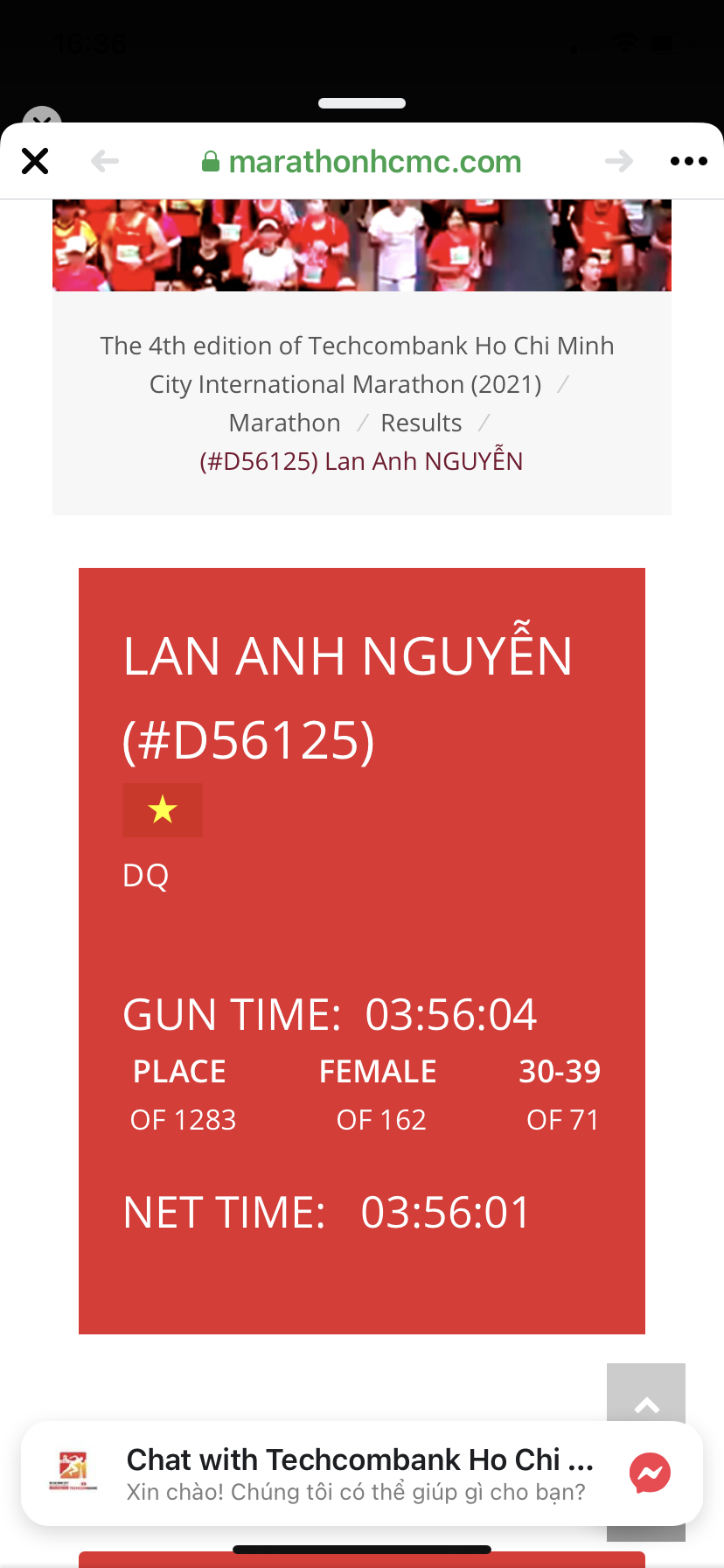 Ảnh: Thành tích của vận động viên nữ Nguyễn Lan Anh đã được xác nhận “DQ” (không hoàn thành). Ảnh: Chụp lại từ màn hình ban tổ chức.
