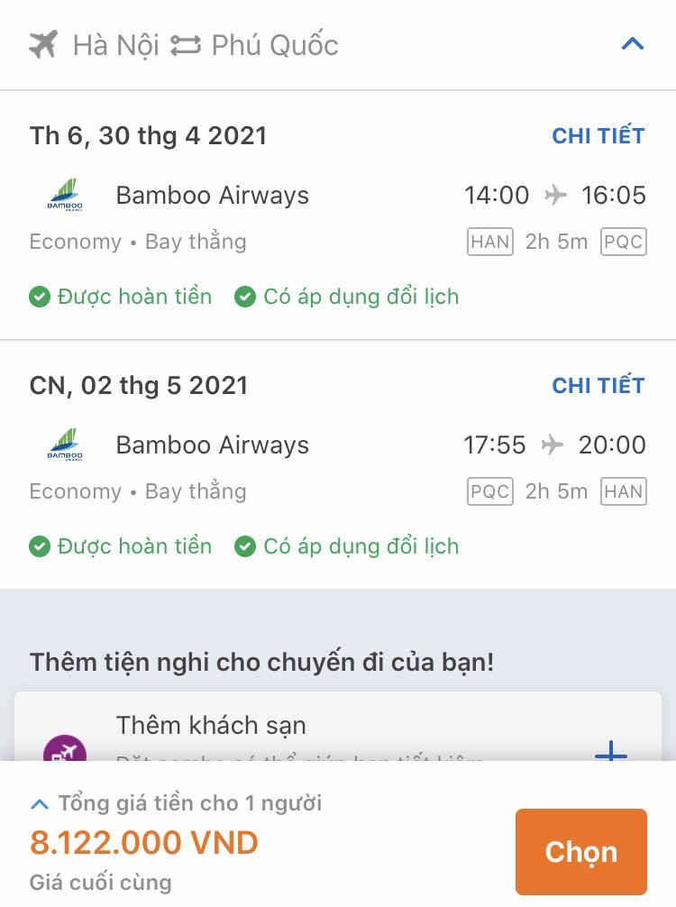 Giá vé máy bay từ Hà Nội đi Phú Quốc tăng cao đột biến. Ảnh chụp màn hình