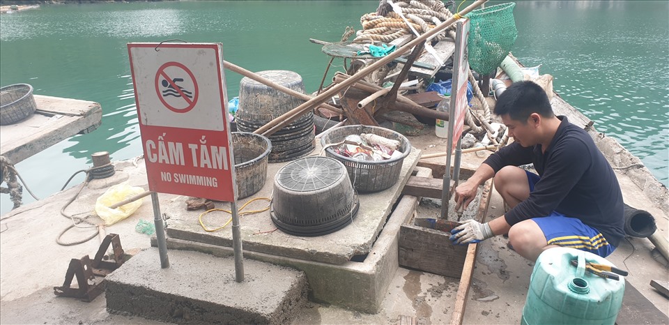 Nhân viên Ban Quản lý vịnh Hạ Long tiếp tục làm biển “cấm tắm” để cắm tiếp ở những bãi biển còn lại. Ảnh: Nguyễn Hùng