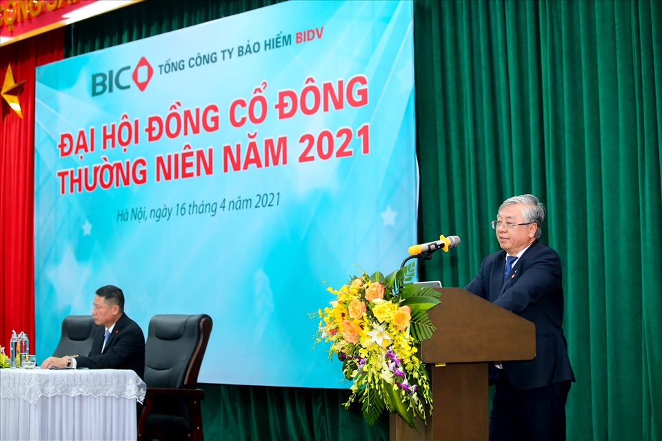 Chủ tịch HĐQT BIC Trần Xuân Hoàng phát biểu tại Đại Hội. Ảnh: BIC