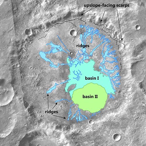Các nhà nghiên cứu lập bản đồ nơi nước chảy và đọng lại trong lòng miệng núi lửa trên sao Hỏa. Ảnh: NASA/Benjamin Boatwright.