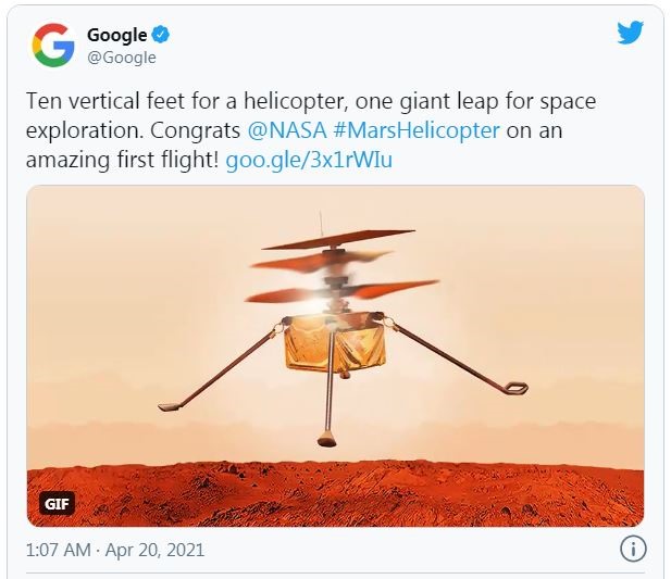 Google chúc mừng trực thăng NASA bay thành công trên sao Hỏa. Ảnh chụp màn hình