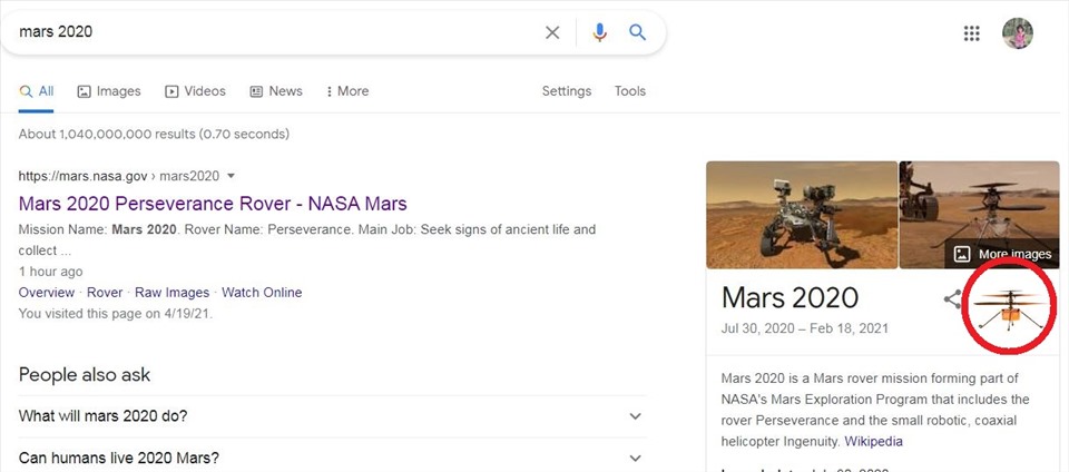 Để kích hoạt trực thăng sao Hỏa Ingenuity của NASA bay trên thanh tìm kiếm Google, người dùng cần gõ từ khóa sau đó click vào hình động trực thăng (khoanh tròn màu đỏ) như trên hình vẽ. Ảnh chụp màn hình.