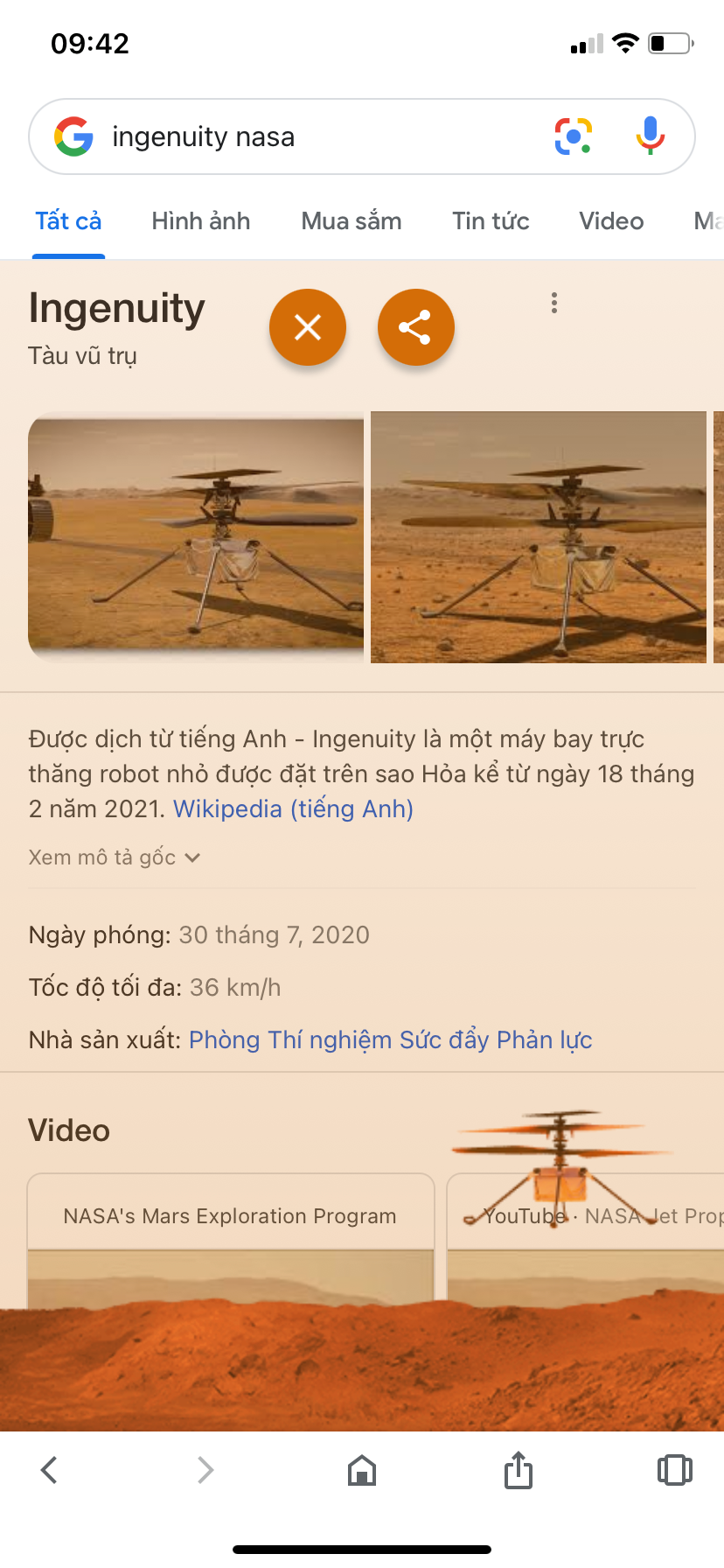 Người dùng Google có thể kích hoạt trực thăng sao Hỏa trên thanh tìm kiếm của Google cả bản máy tính và điện thoại. Ảnh chụp màn hình.