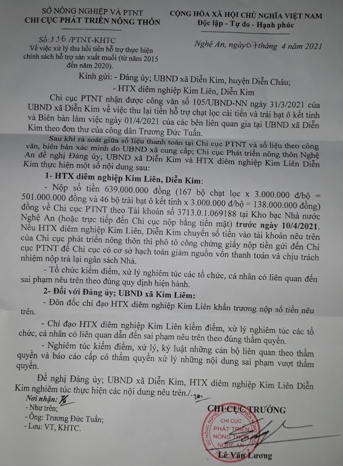 Văn bản của Chi cục Phát triển Nông thôn Nghệ An yêu cầu thu hồi số tiền 639 triệu đồng đã cấp cho HTX nghề muối Kim Liên. Ảnh: QĐ