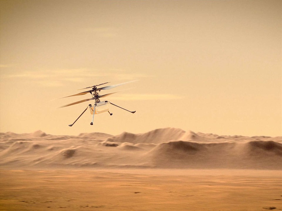 Trực thăng sao Hỏa cất cánh trên bề mặt hành tinh đỏ. Ảnh minh hoạ của NASA