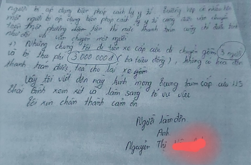 Đơn khiếu nại của chị V.A phản ánh bị Trung tâm 115 Thái Bình thu sai 3 triệu đồng. Ảnh T.D