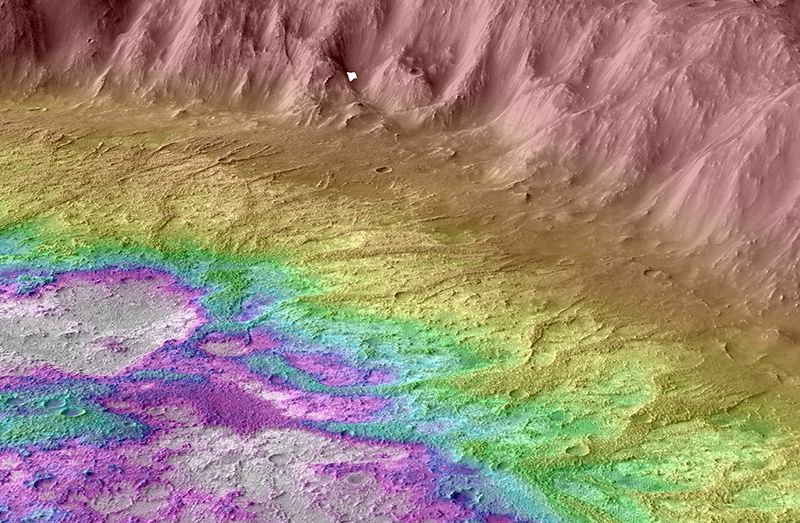 Bản đồ địa hình của các lưu vực cao nguyên phía nam sao Hỏa từ nghiên cứu của Đại học Brown. Các rặng núi nhô lên có màu vàng sẫm và những vùng trũng nơi có nước đọng lại có màu trắng. Ảnh: NASA Bản đồ địa hình của các lưu vực cao nguyên phía nam sao Hỏa từ nghiên cứu của Đại học Brown. Các rặng núi nhô lên có màu vàng sẫm và những vùng trũng nơi có nước đọng lại có màu trắng. Ảnh: NASA