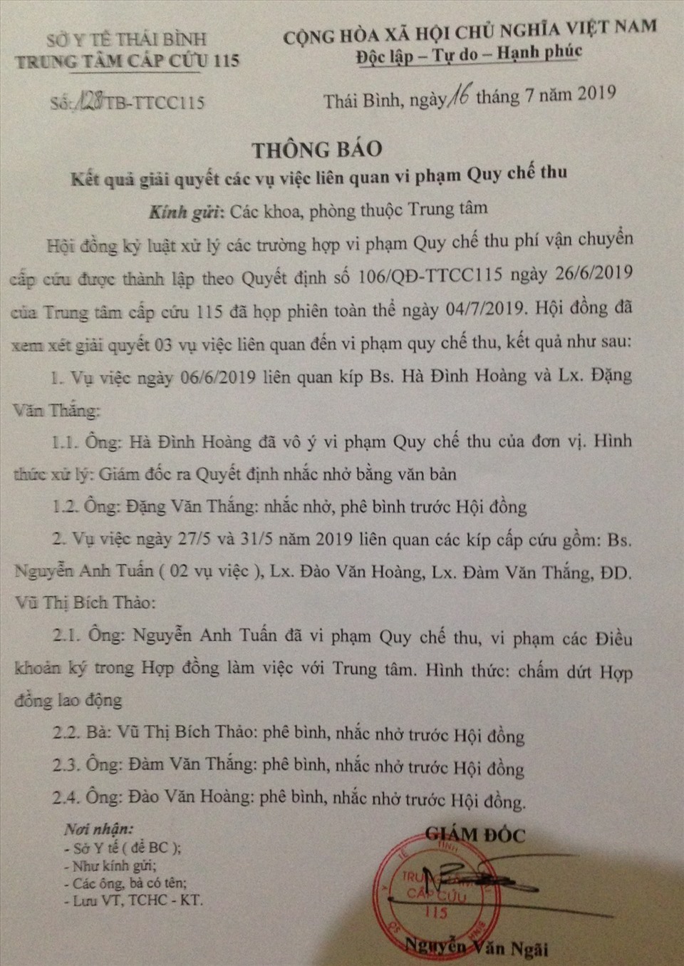 Thông báo đề ngày 16.7.2019 của Giám đốc Trung tâm Cấp cứu 115 Thái Bình về kết quả giải quyết một số vụ việc liên quan vi phạm quy chế thu. Ảnh: T.D