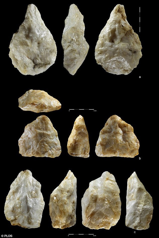 Những chiếc rìu cầm tay bằng đá thạch anh. Tay nghề của các công cụ khiến các nhà khảo cổ tin rằng chúng có tuổi đời từ 700.000 đến một triệu năm. Ảnh: Public Library of Science (Thư viện Khoa học Cộng đồng)