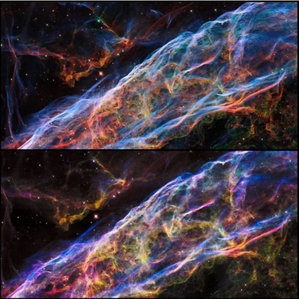 Hình ảnh mới của  tinh vân Veil (trên cùng) và hình ảnh năm 2015 (ảnh dưới). Ảnh: NASA.