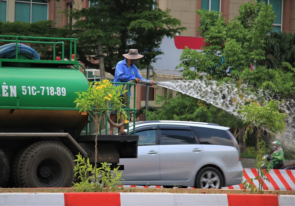 Công nhân tưới nước cho hàng cây mới được trồng thêm tại đường Nguyễn Hữu Cảnh.