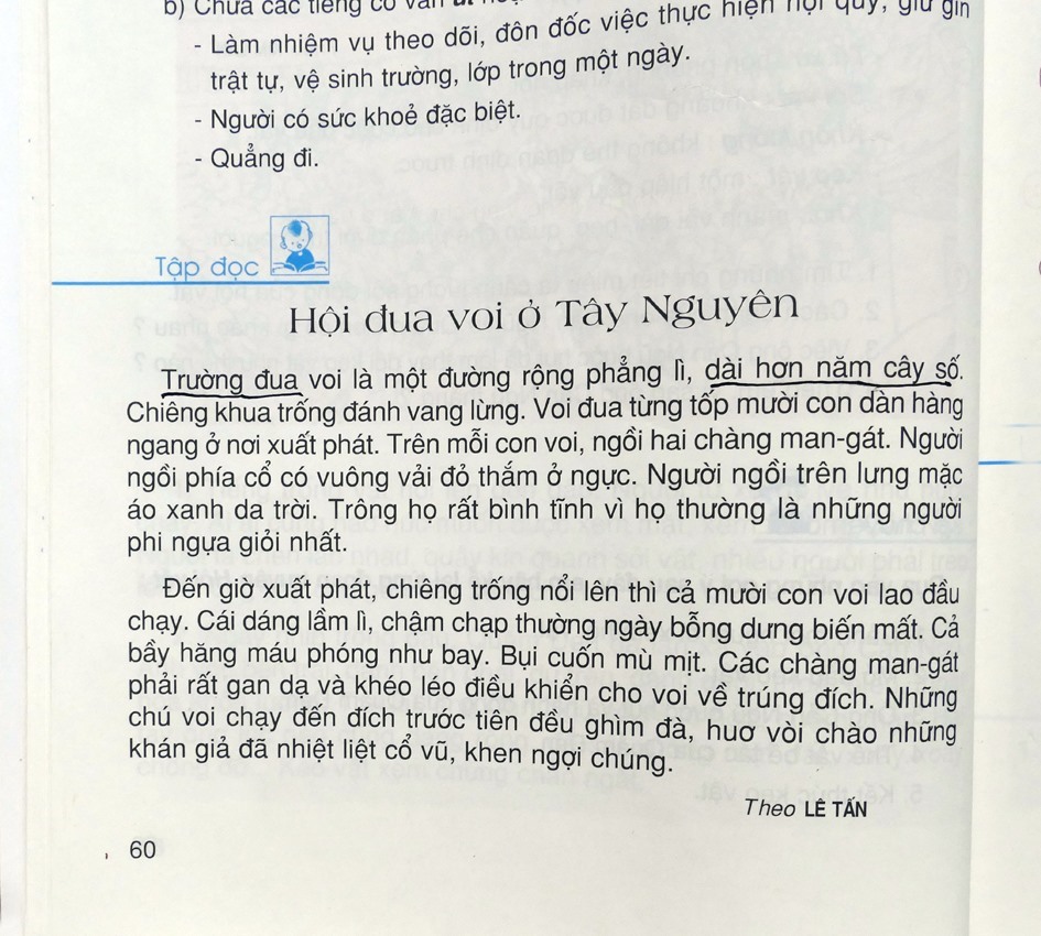 Bài viết trong sách Tiếng Việt 3 có nhiều chi tiết sai về Trường đua voi. Ảnh: Đặng Bá Tiến