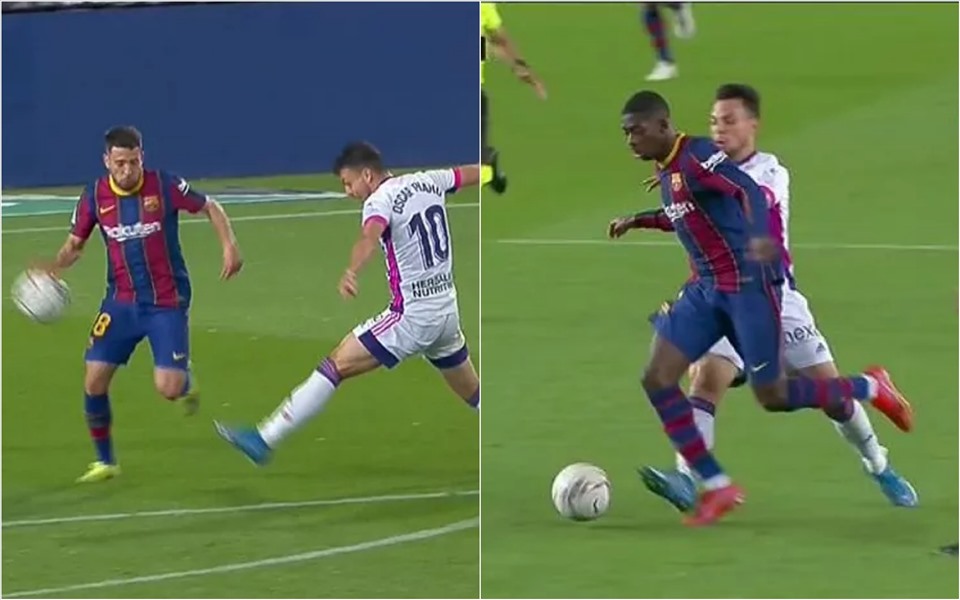 Barcelona không bị thổi penalty khi bóng chạm tay Jordi Alba, còn đội khách nhận thẻ đỏ khi phạm lỗi từ gần giữa sân. Ảnh: Marca