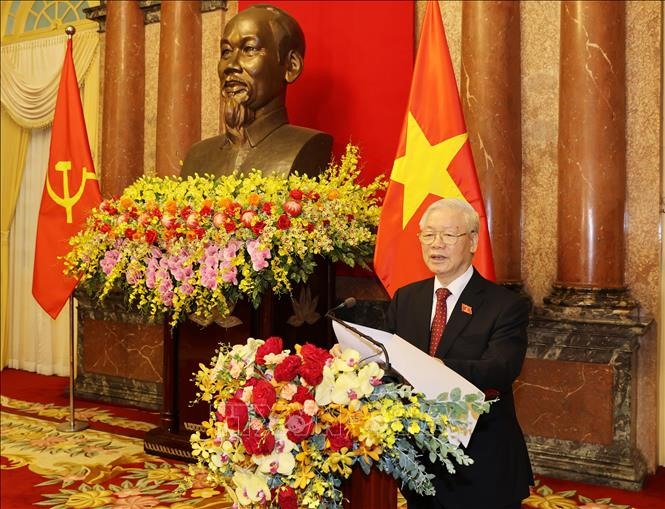 Tổng Bí thư Nguyễn Phú Trọng phát biểu tại Lễ bàn giao. Ảnh: Trí Dũng/TTXVN