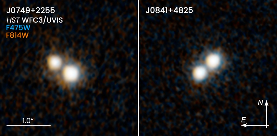 Hai hình ảnh của kính viễn vọng không gian Hubble tiết lộ hai cặp chuẩn tinh đã tồn tại cách đây 10 tỉ năm và nằm ở trung tâm của các thiên hà hợp nhất. Ảnh: NASA