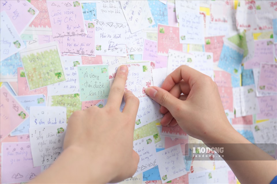 Sau khi cho tiền vào thùng, sinh viên còn được ghi một mong ước nho nhỏ vào tờ giấy đầy màu sắc rồi ghim lên “cây trà đá“. Ảnh: Thanh Nga