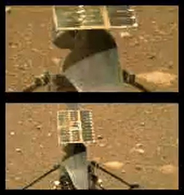 Cánh của trực thăng sao Hỏa Ingenuity chuyển động thử sau khi mở khóa. Ảnh: NASA.