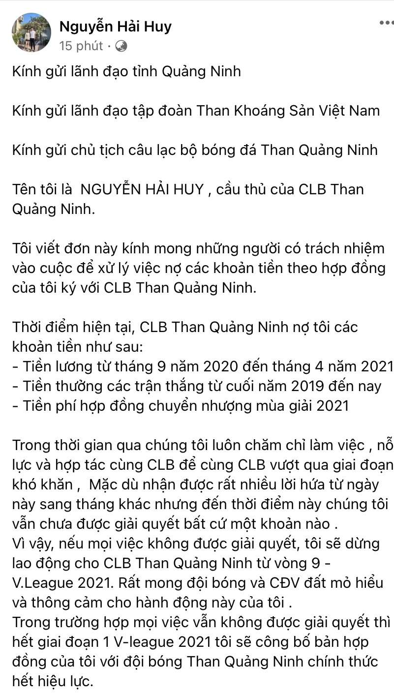 Tâm thư của các cầu thủ Than Quảng Ninh sau nhiều tháng không được trả lương. Ảnh: FBNV