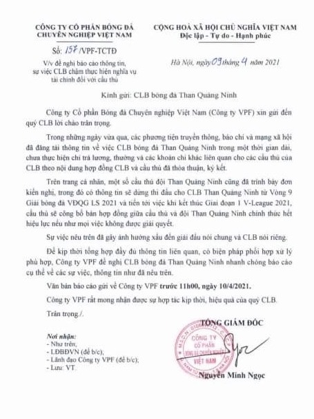 Văn bản VPF yêu cầu câu lạc bộ Than Quảng Ninh giải trình. Ảnh: VPF