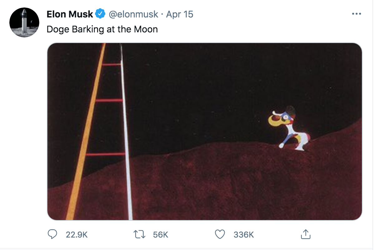 Dòng tweet “Chó sủa trên mặt trăng” ám chỉ đồng Dogecoin của tỉ phú giàu bậc nhất thế giới Elon Musk. Ảnh chụp màn hình