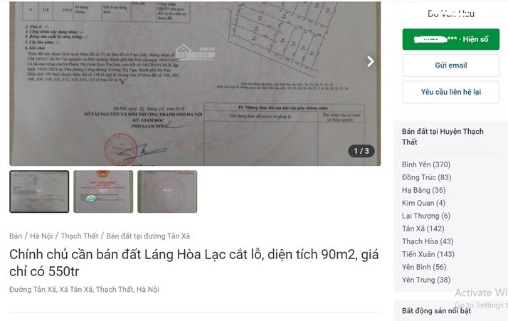 Một trường hợp ở Láng Hòa Lạc rao bán cắt lỗ giá rẻ (ảnh chụp màn hình).