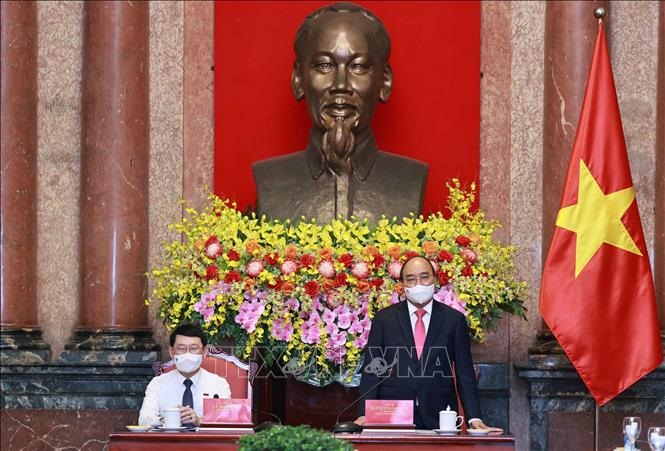 Chủ tịch nước Nguyễn Xuân Phúc phát biểu tại buổi tiếp. Ảnh: Thống Nhất/TTXVN