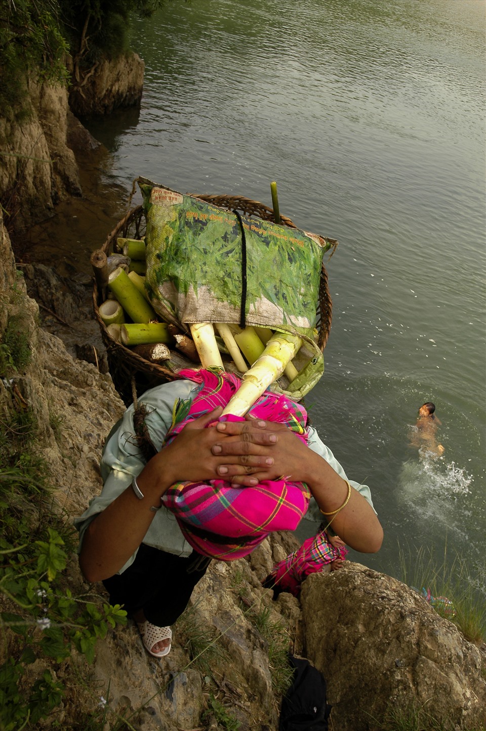 Phụ nữ La Ha ở Tà Mít lên rừng lấy măng về làm lương thực. Ảnh: Trịnh Thông Thiện