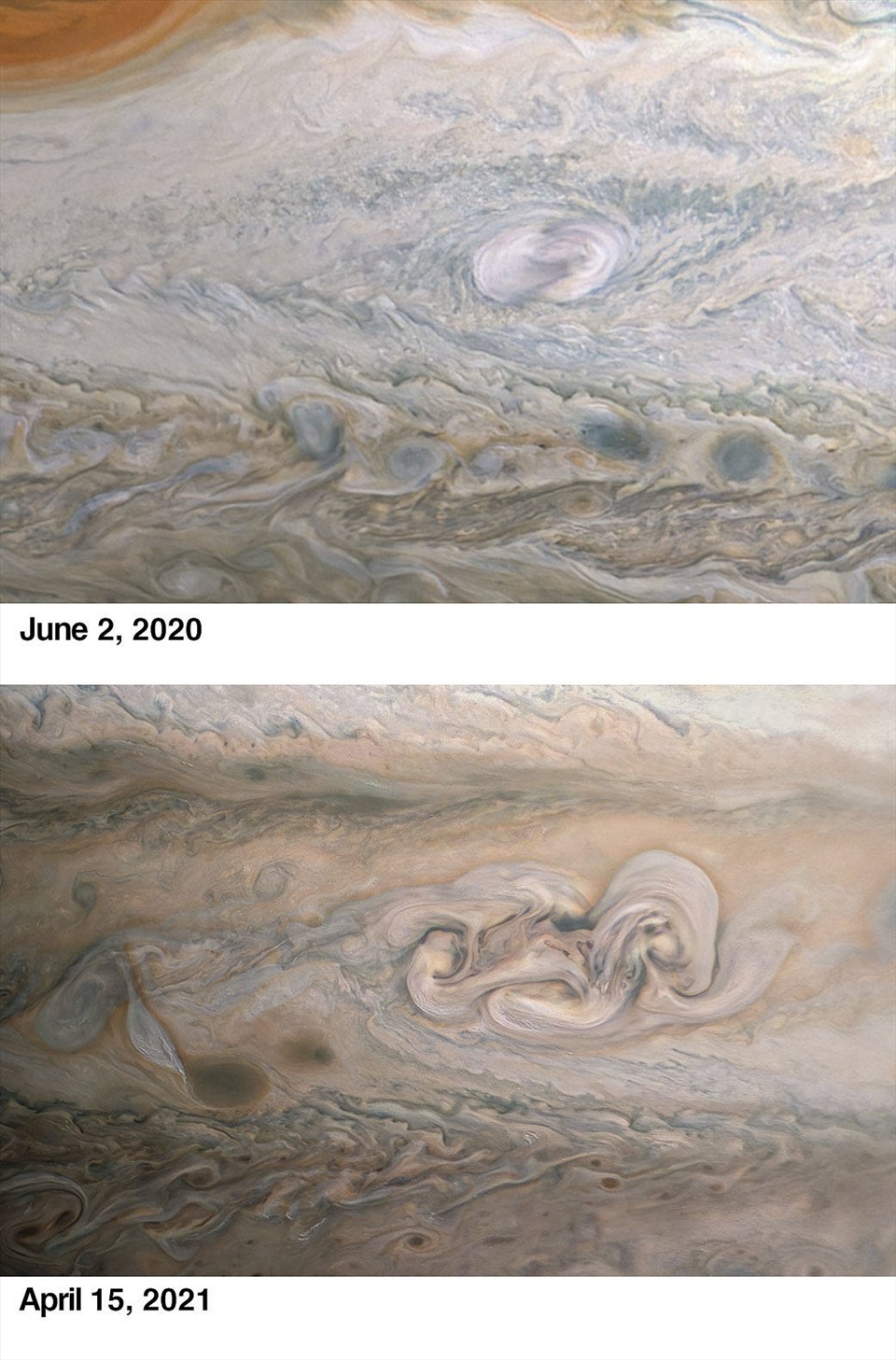 Tàu vũ trụ Juno của NASA ghi lại sự biến đổi của “Clyde's Spot” trên khí quyển sao Mộc trong những bức ảnh chụp cách nhau một năm. Ảnh: NASA.