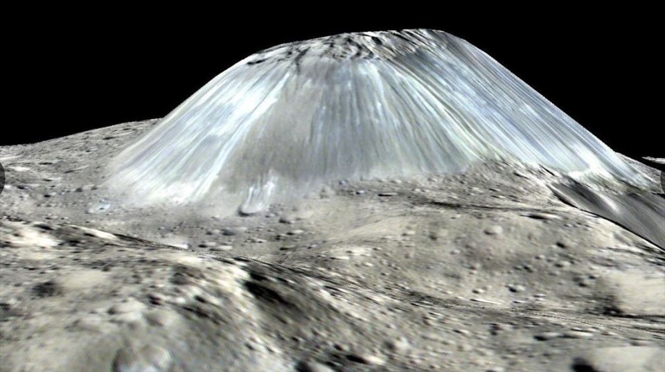 Núi lửa có thể được tìm thấy trong vành đai tiểu hành tinh trong hệ mặt trời. Trên hành tinh lùn Ceres, hành tinh lớn nhất trong vành đai tiểu hành tinh chính ở khoảng giữa sao Mộc và sao Hỏa, núi lửa có hình dáng kỳ lạ. Năm 2015, tàu vũ trụ Dawn của NASA đã chụp ảnh Ahuna Mons, núi lửa dài 17 km. Ảnh: NASA.