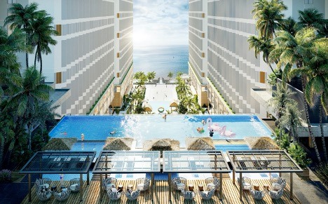 Bể bơi vô cực nằm giữa 4 toà nhà dự án Apec Mandala Wyndham Mũi Né