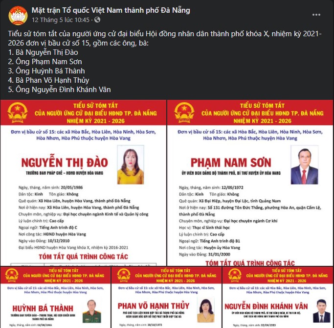 UBNTTQVN các cấp ở Đà Nẵng tận dụng mạng xã hội để “niêm yết“, giới thiệu các ứng viên Đại biểu Quốc hội, Hội đồng nhân dân trước bầu cử.