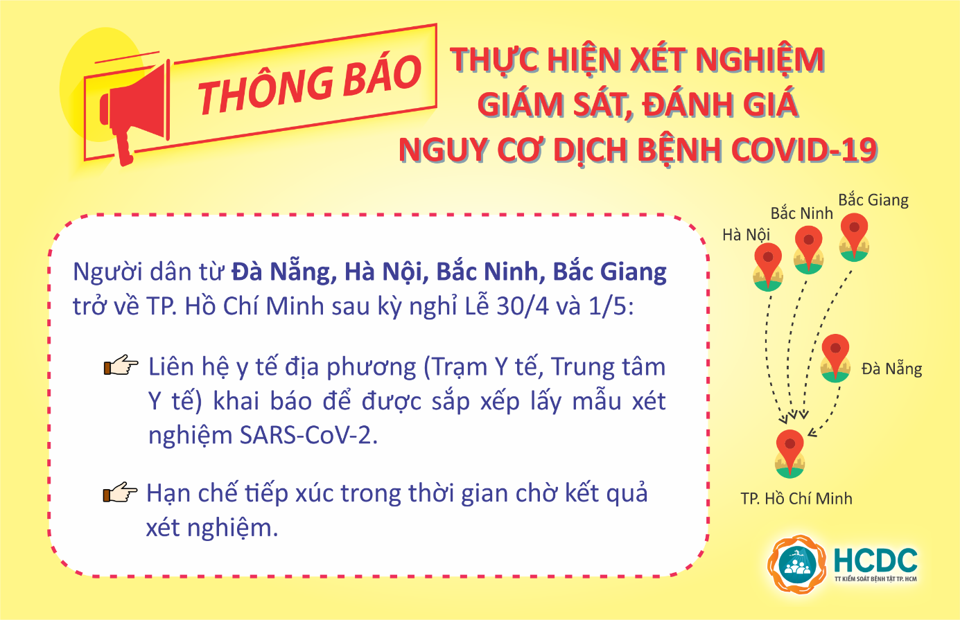 Thông báo của HCDC về việc lấy mẫu xét nghiệm toàn bộ người về từ Đà Nẵng và các tỉnh phía Bắc có dịch. Ảnh: HCDC