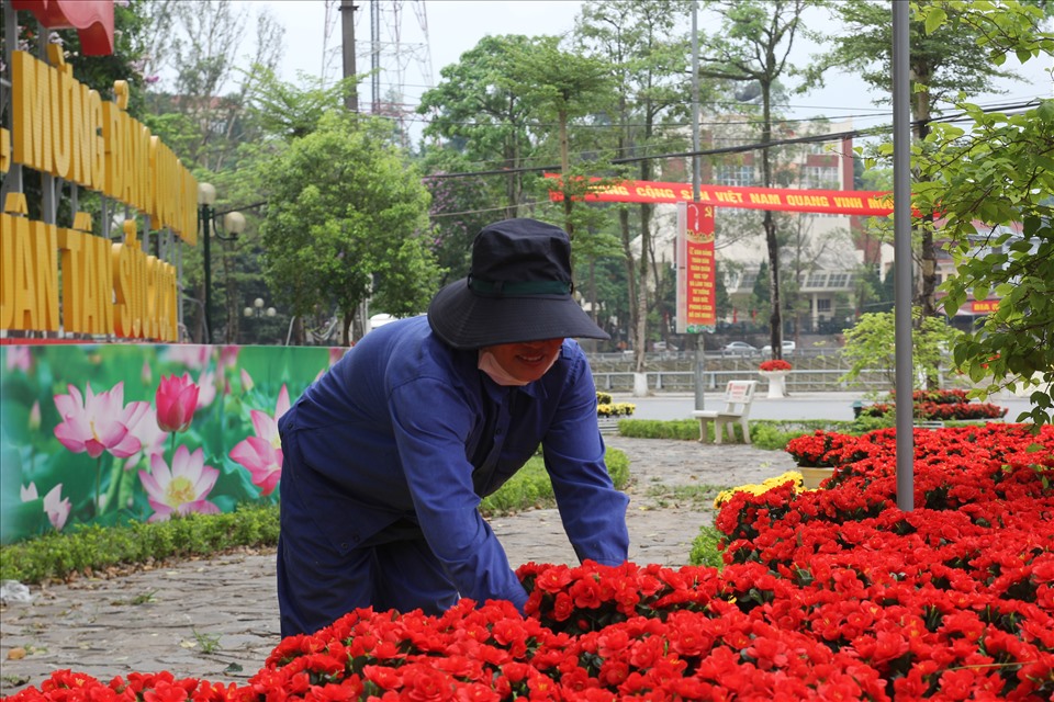 Khu vực trung tâm thành phố, các công nhân công ty công trình và môi trường đô thị tình vẫn đang miệt mài cho những chậu hoa cuối cùng trang trí cho tuyến phố chào mừng ngày bầu cử.
