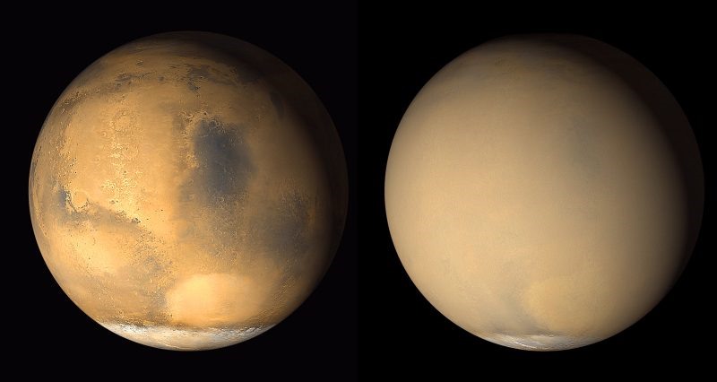 Sao Hỏa trước (trái) và trong (phải) một cơn bão bụi. Ảnh: NASA.