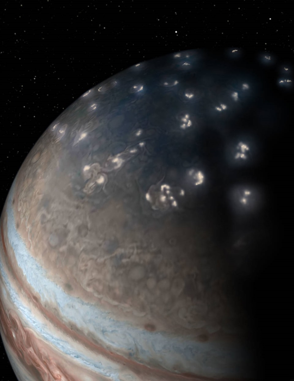 Ảnh mô phỏng phân bố tia sét bán cầu bắc của sao Mộc từ ảnh thật do tàu vũ trụ Juno của NASA chụp cùng với sự can thiệp của nghệ sĩ. Ảnh: NASA.