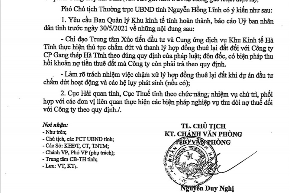 Văn bản mà UBND tỉnh Hà Tĩnh chỉ đạo xử lý thu hồi tiền nợ thuê đất của Công ty CP Gang thép Hà Tĩnh. Ảnh: TT.