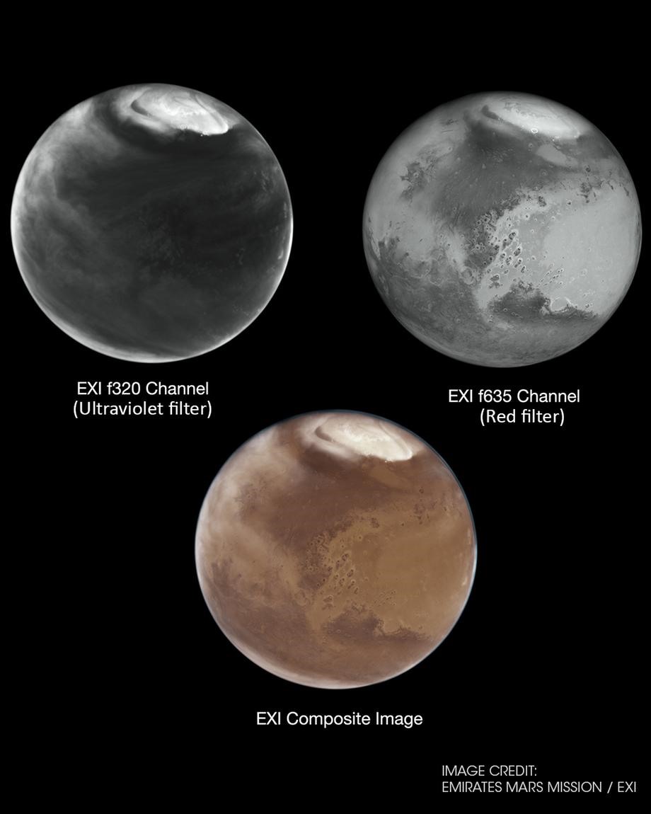 Máy ảnh eXploration chụp bức ảnh này. Kênh màu đỏ cho thấy rõ các đặc điểm sáng tối của bề mặt sao Hỏa, trong khi các đám mây băng nước nổi bật trong kênh cực tím. Ảnh: EMM