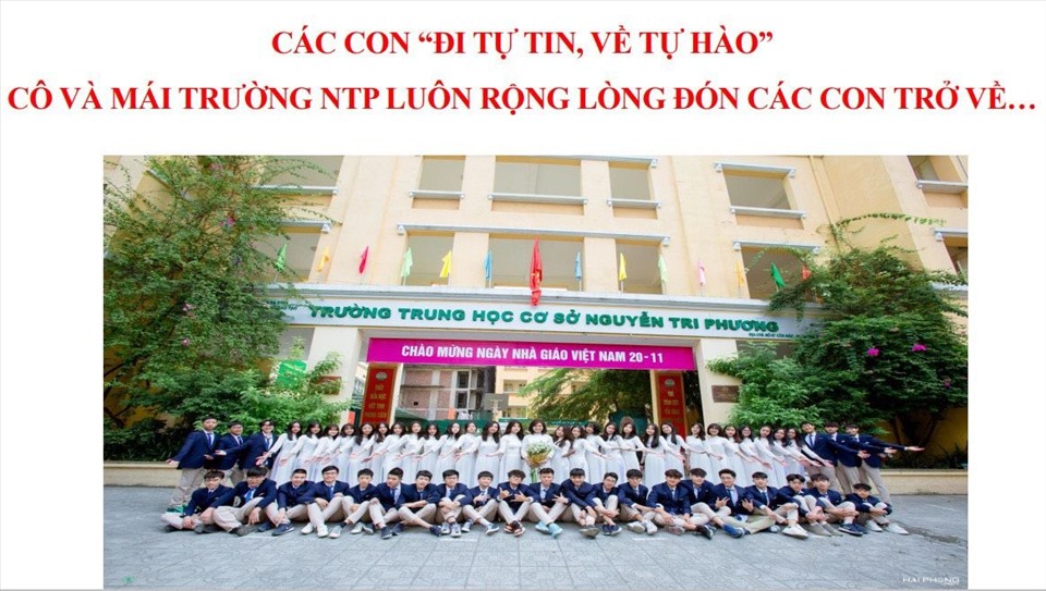 “Chúng ta sẽ gặp nhau sau mùa hoa nở” - thầy trò trường THCS Nguyễn Tri Phương. Ảnh: NTCC