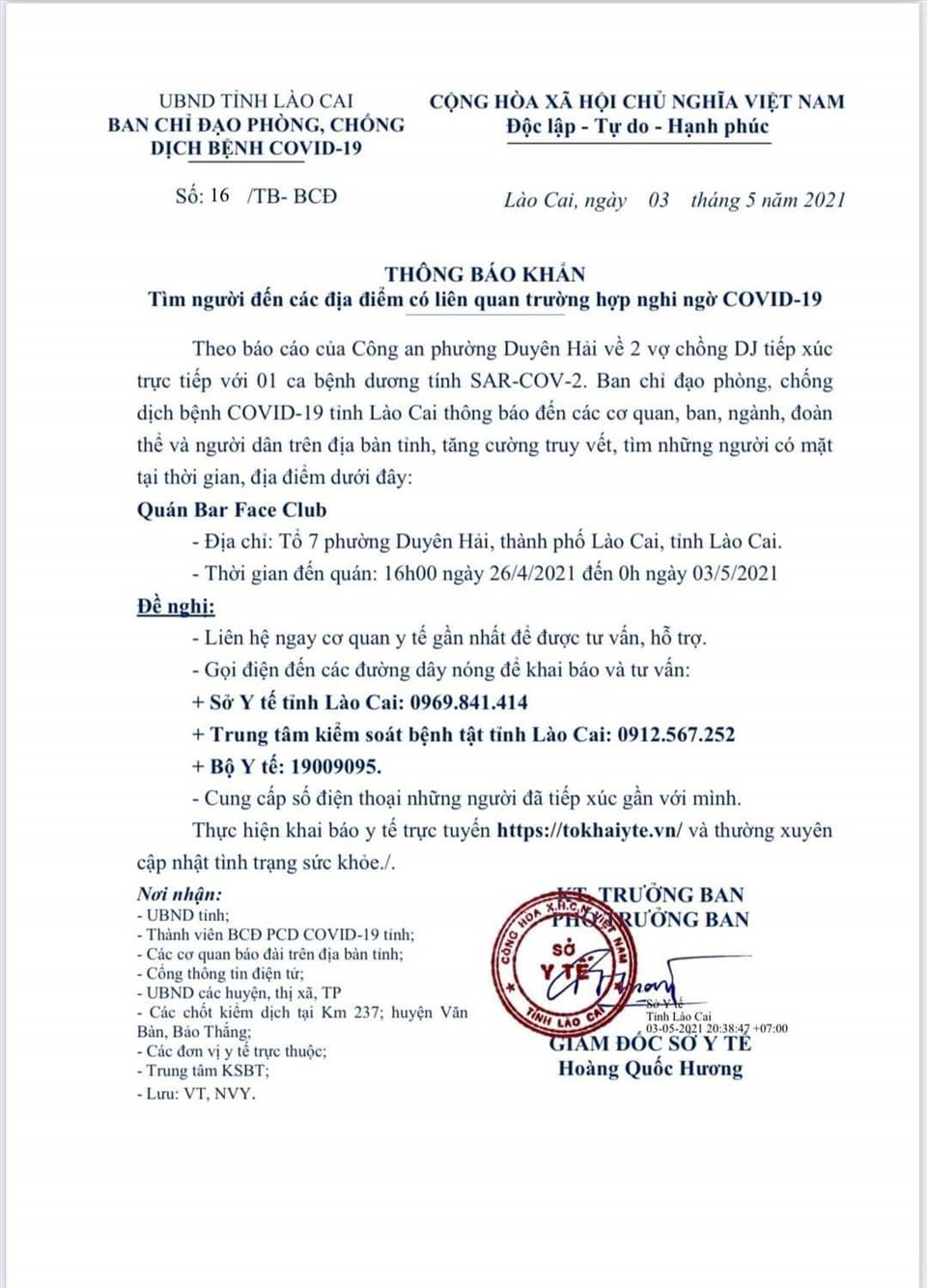 Sở Y tế Lào Cai thông báo về việc tìm người từng đến quán bar Face Club, nhằm truy vết phòng chống COVID-19. Ảnh: ĐVCC.