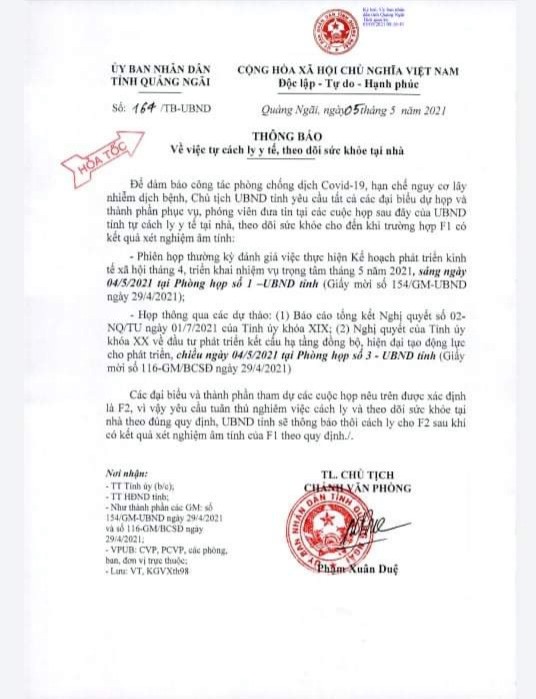 Thông báo hỏa tốc của UBND tỉnh Quảng Ngãi.