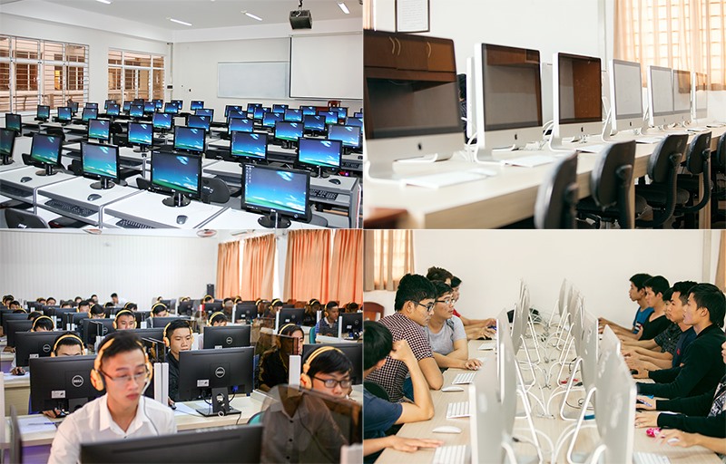 Hệ thống máy tính cấu hình cao được kết nối internet miễn phí hỗ trợ tối đa cho sinh viên học Công nghệ Thông tin Đại học Duy Tân.