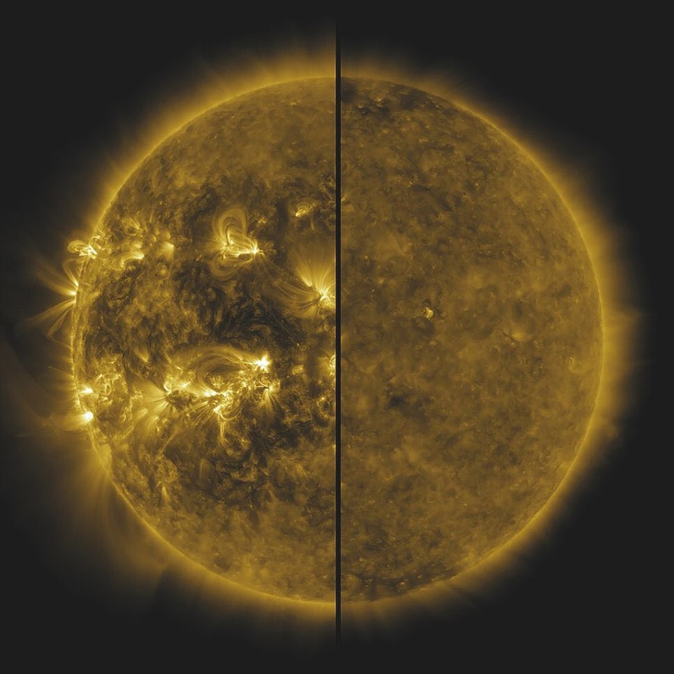 Hình ảnh này so sánh mặt trời hoạt động mạnh nhất (năng lượng mặt trời cực đại) và ít hoạt động nhất (năng lượng mặt trời cực tiểu). Ảnh: NASA