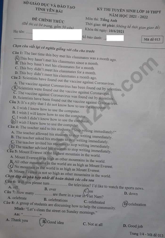 Đáp án đề thi môn Anh vào 10 tỉnh Yên Bái năm 2021. Ảnh: Tuyển sinh 247