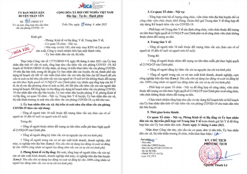 Công văn của UBND huyện Trấn Yên có nội dung người đăng ký tiêm vaccine COVID-19 phải tự chi trả kinh phí.