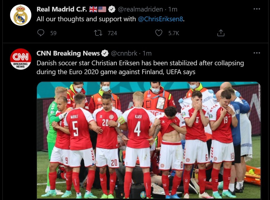 Những lời cầu nguyện dành cho tiền vệ người Đan Mạch. Ảnh: Twitter