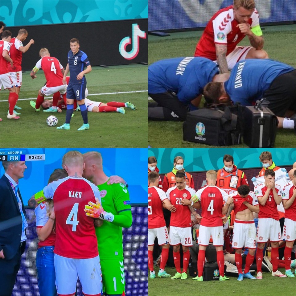 Khi Eriksen nằm gục xuống sân, Kjaer đã xử lý mọi chuyện rất nhanh và dứt khoát. Ảnh: UEFA.
